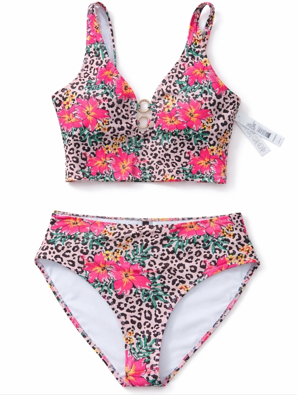 Leopard Floral Bikini Set Medium Pink Hibiscus High Waisted 2 Piece Swimsuit